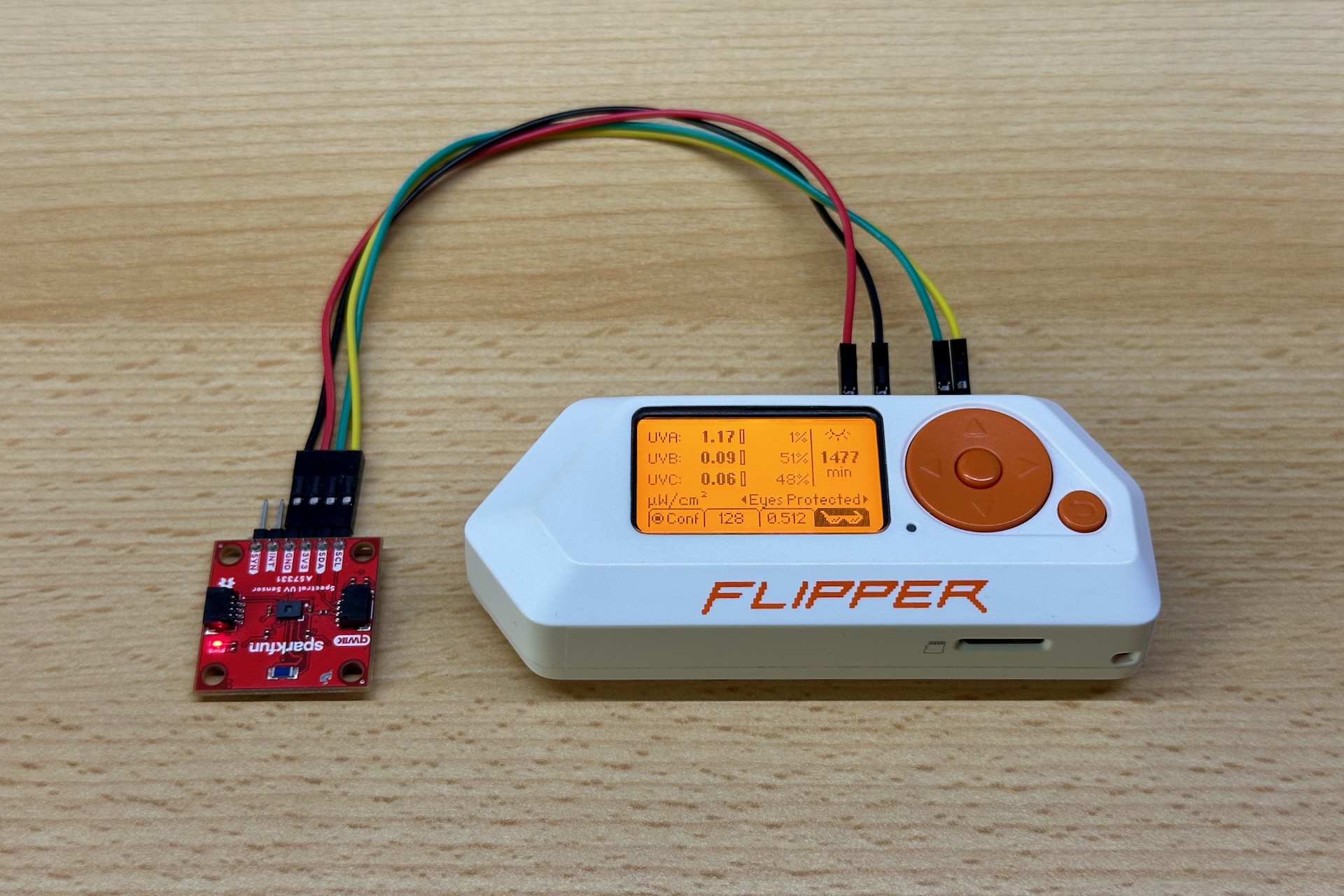 AS7331 Sensor Connected to Flipper Zero with cables